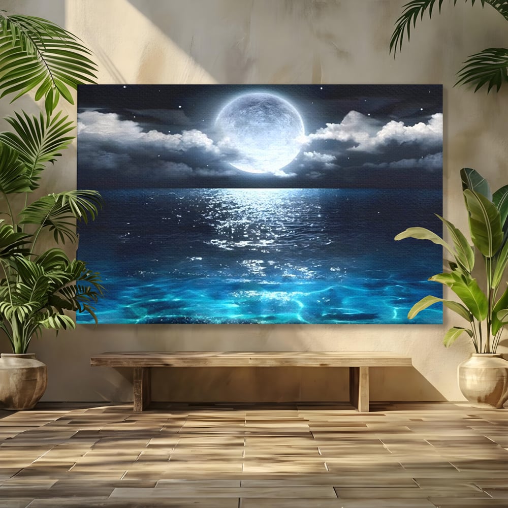 Tablou canvas cu tablou canvas cu luna plina deasupra marii, fara rama, pe sasiu de lemn